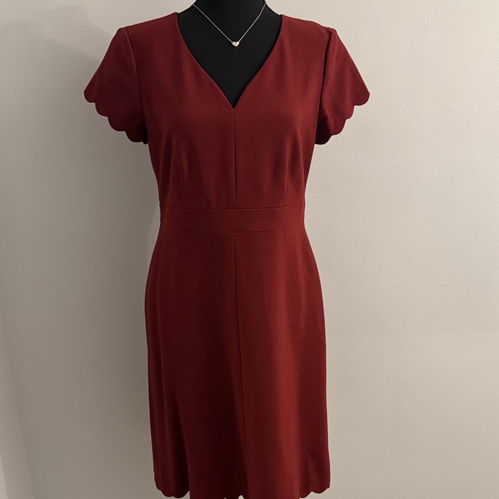 Brooks Brothers Deep Red Midi Dress with Scallop Sleeves